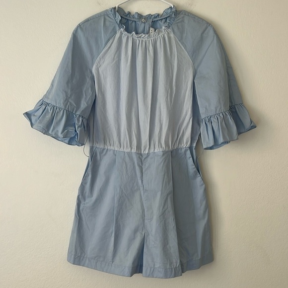 Sandro Paris Women’s Rosalyn Colorblock Pinstriped Blue Romper no size no belt - Picture 2 of 8